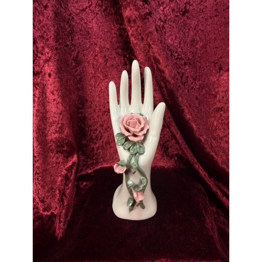 Vintage Vanity Decor - Porcelain Hand Ring Holder – 3D Sculpted Pink Rose